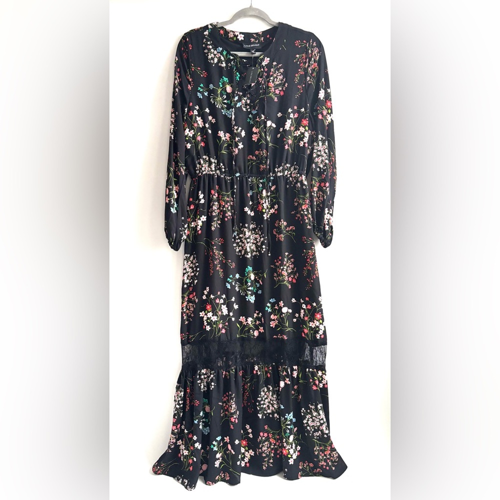 Lane Bryant Floral Print Long Sleeves Maxi Dress  Tie Neck Lace Trim Tiered